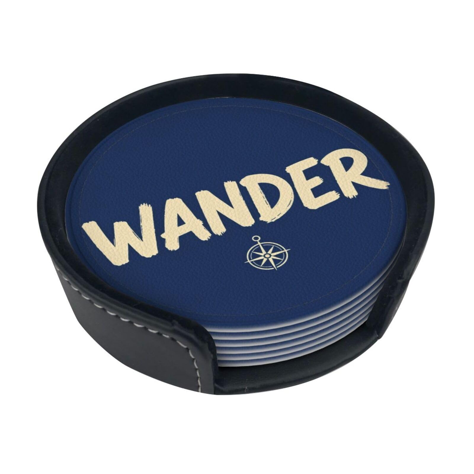 Cntdbu White Wander Script Word Leather Coasters Set Of 6-Pu Leather Drink Mats For Table, Heat Resistant Round Coasters With Holder