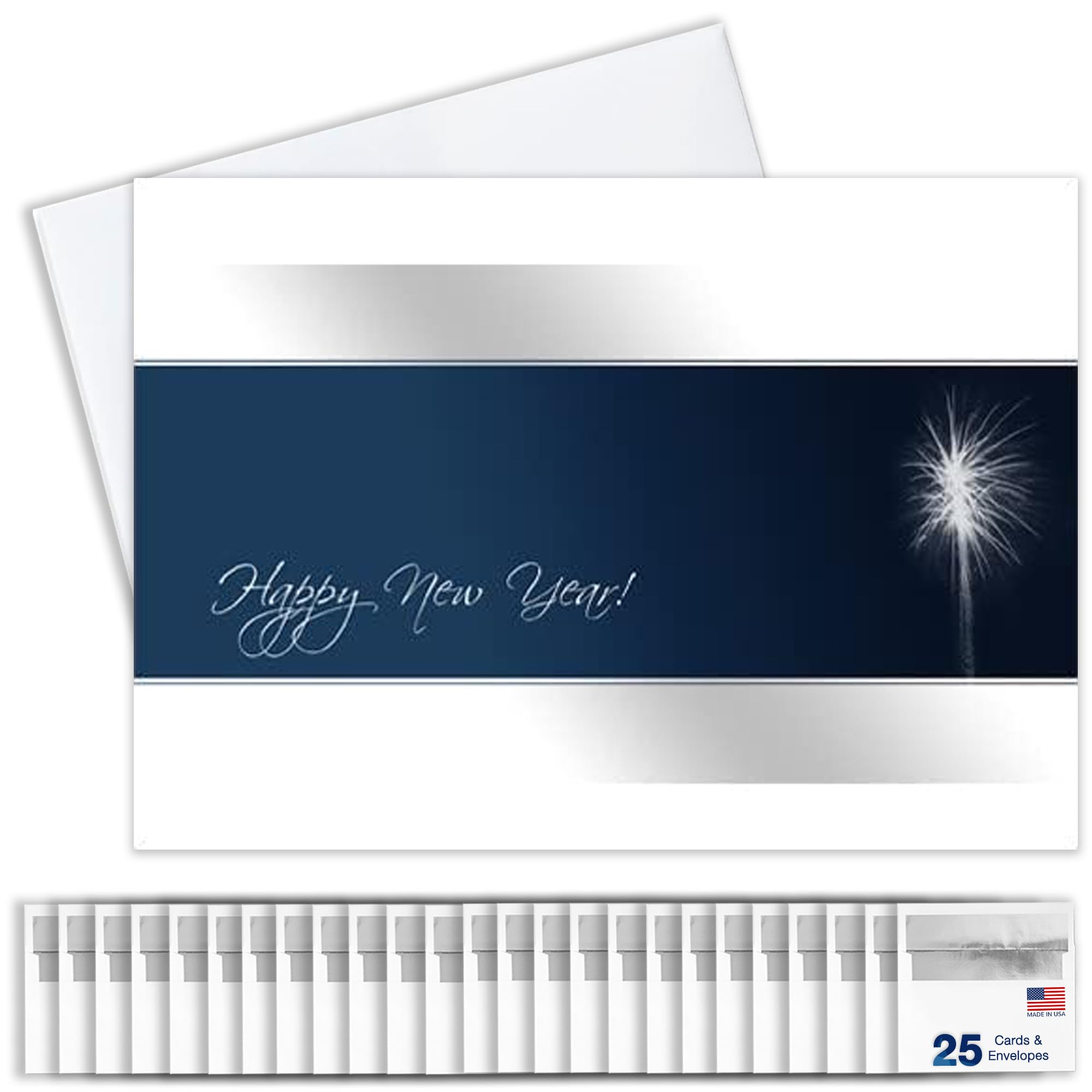 New Year Greeting Cards for Business & Family (Firework) Bulk Greeting Card Set Pack of 25 Happy New Year Cards with Silver Foil Lined Envelopes (5x7 inch – A7) Great for Office, Work, Employees & Clients FL100