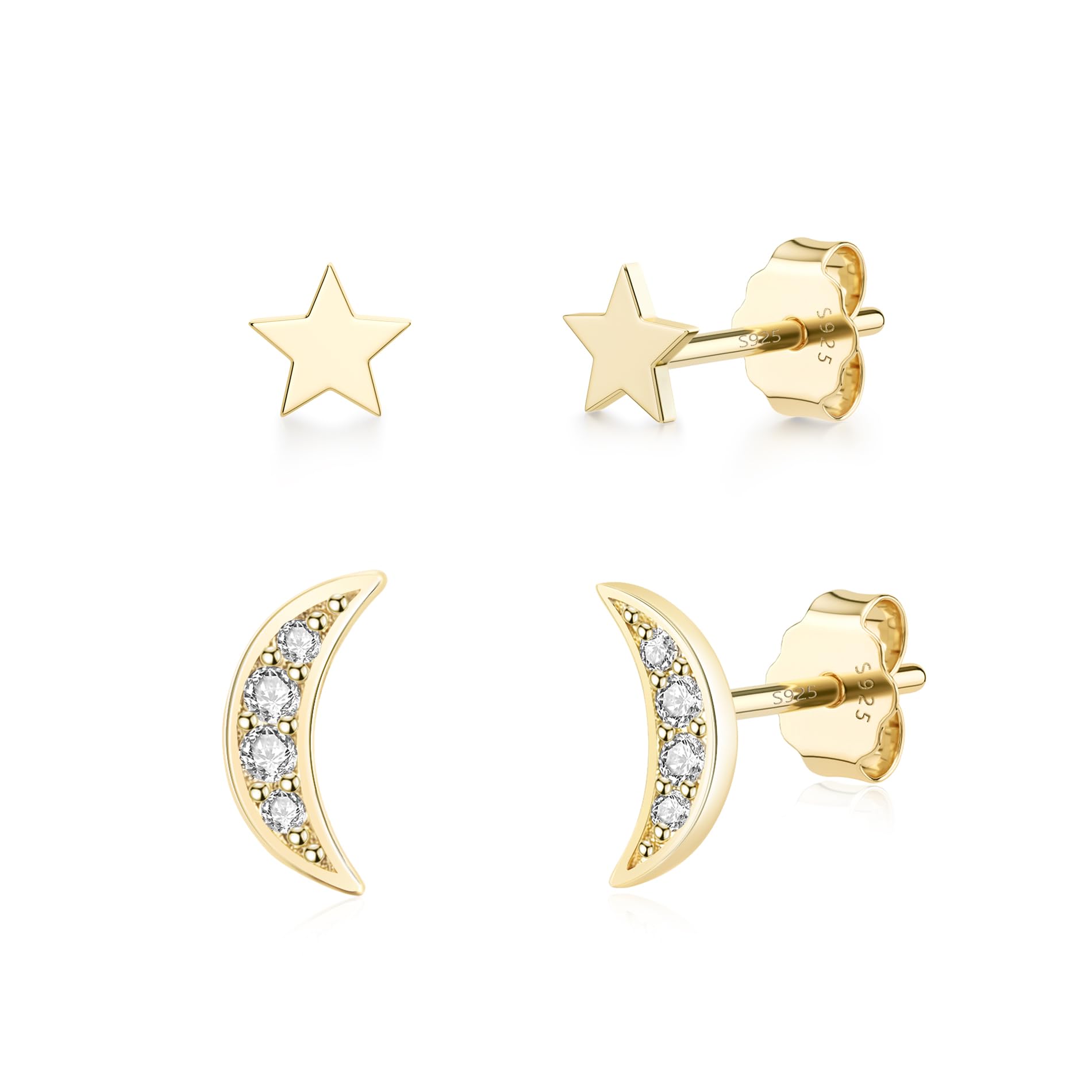 JIAYIQI Minimalist 925 Sterling Silver Stud Earrings Set, 14K Gold Plated Hypoallergenic Tiny Bar Dot Heart Star Studs for Women & Men