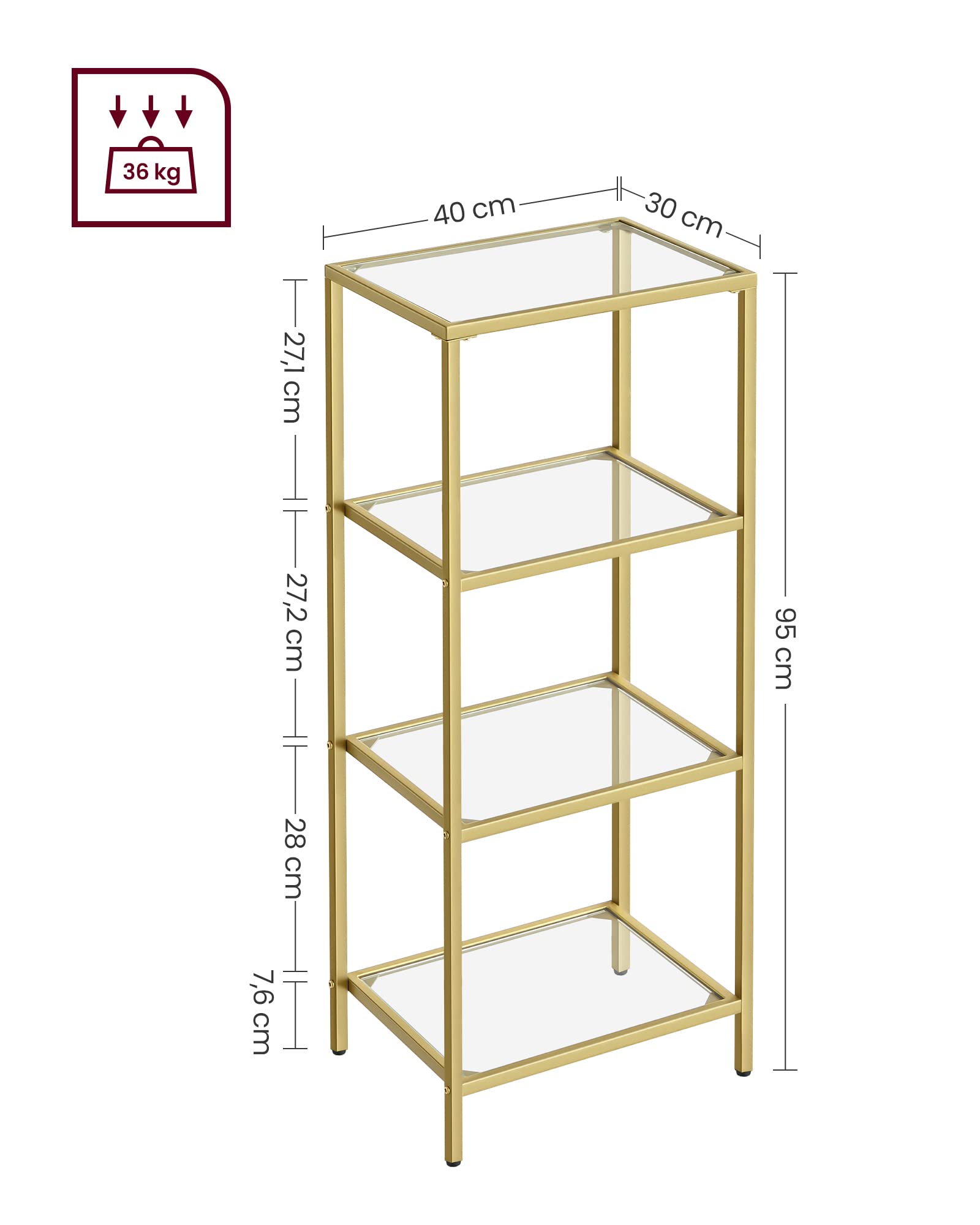 VASAGLE Regal mit 4 Ablagen, 2er Set, Badregal, gehärtetes Glas, einfache Montage, für Badezimmer, Wohnzimmer, Küche, Büro, goldfarben LGT028A01