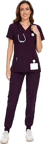 COZYFIT - Conjunto de ropa quirúrgica para mujer, blusa elástica con cuello en V y pantalón deportivo con 8 bolsillos