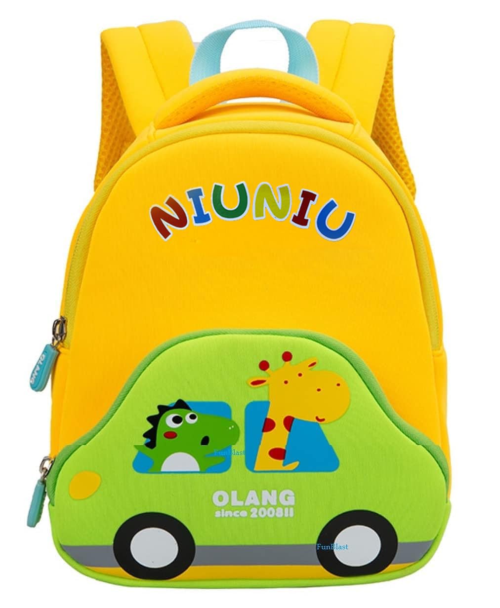 FunBlastCute Fancy Bag for Kids – Small Size Picnic Bag for Baby,Boys,Girls/Lightweight Travel Mini Backpack for Kids - Multi Color (ONLY FOR 2-5 YEAR OLD), Multicolour, S, My Funny Car-Yellow