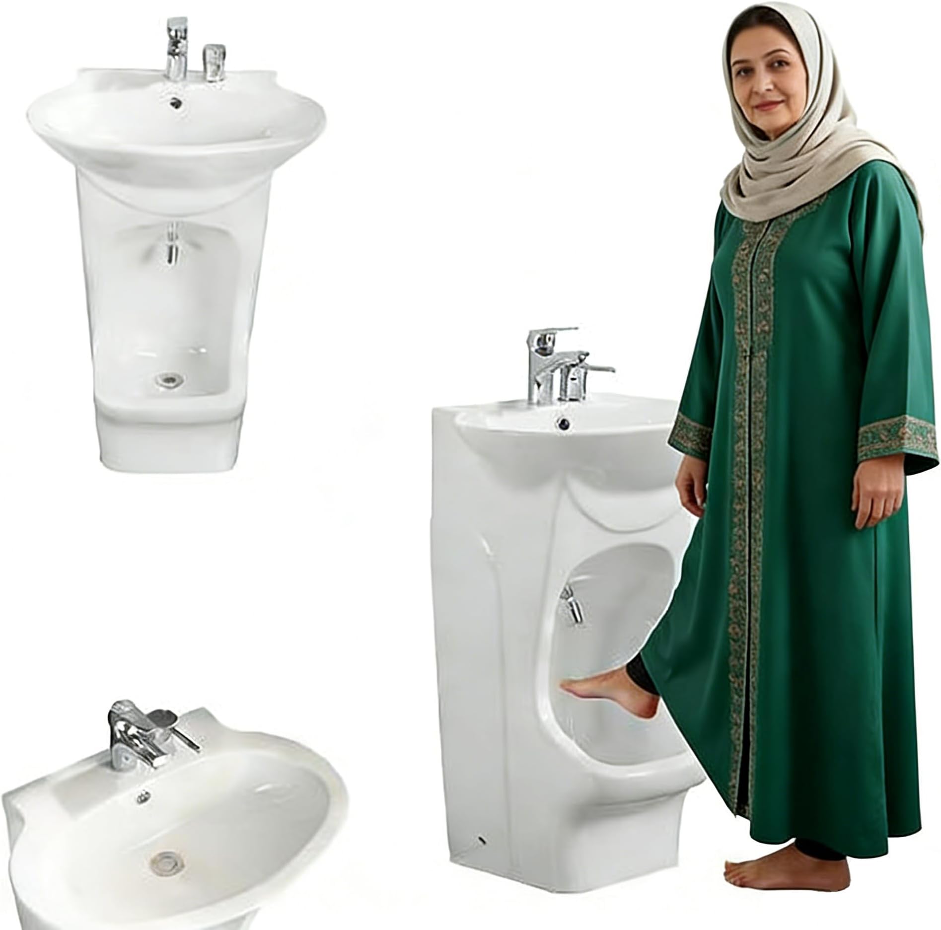 AVSMGP 30×50×82CM, Vertical Ceramic Wash Basin, 2 in 1 Muslim Freestanding Wudu Sink- with Dual-Stage Faucet & Foot Bath for Home, Mosque, Bathroom,Hand Washing, Face Washing, Foot Washing ﻿