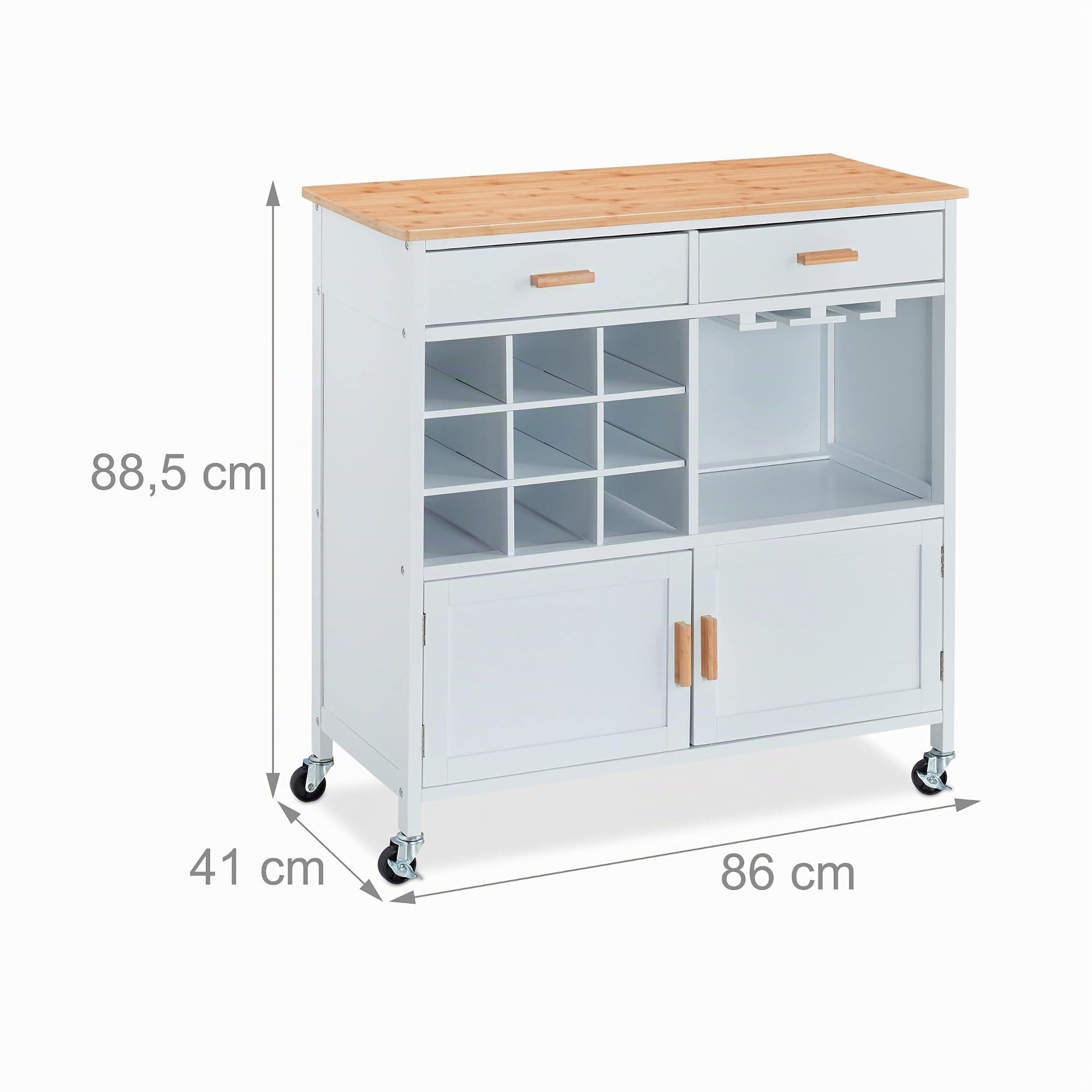 Relaxdays Carrello da Cucina, 2 Cassetti, Vano, Scomparti Calici e Vino, 88,5x86x41 cm, Piano di Lavoro, Bianco/Naturale