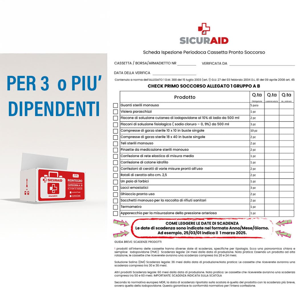 SICURAID Kit Reintegro Cassetta Pronto Soccorso Allegato 1 – Aziende 3+ Dipendenti – Conforme DM 388/2003 – Ricambi Completi Certificati per Kit Medico Aziendale – Senza Sfigmomanometro