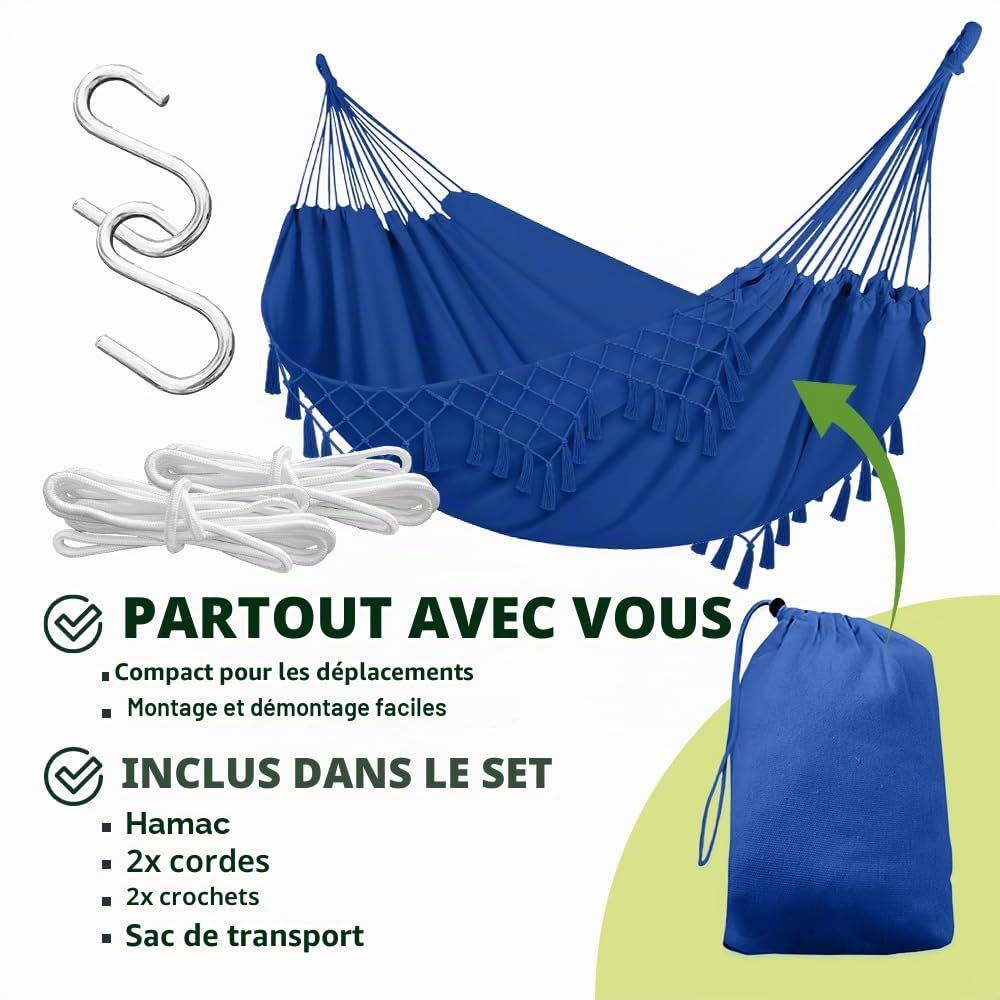KRUMAD Hamac d'extérieur style bohème 190 x 150 cm, bleu, charge maximale : 120 kg, avec franges, sac de rangement et 2 cordes, en coton et polyester, pour jardin, balcon, terrasse, extérieur et
