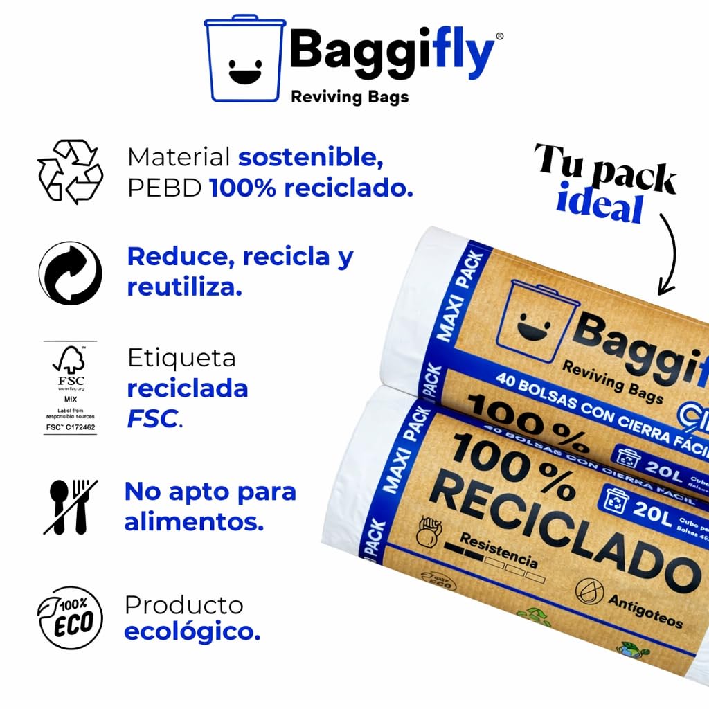 Baggifly, Bolsas de Basura 20L, 200 Bolsas Resistentes, 100% Recicladas, Cierre Fácil, ECO Friendly, Ideal para oficinas, clínicas, hoteles, baños, Maxi Pack 5 x 40, Fabricado en España, Blanco