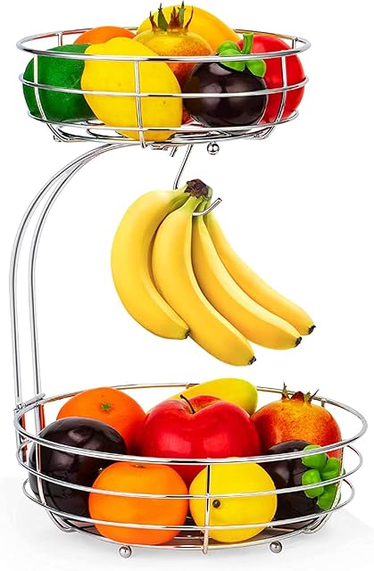 2-Tier Fruit Basket, with Banana Hanger Stand, Kitchen Countertop Fruit Vegetables Rack Bowl Metal Storage Holder for Storing & Organizing Fruit Vegetables Eggs Breads (Silver)