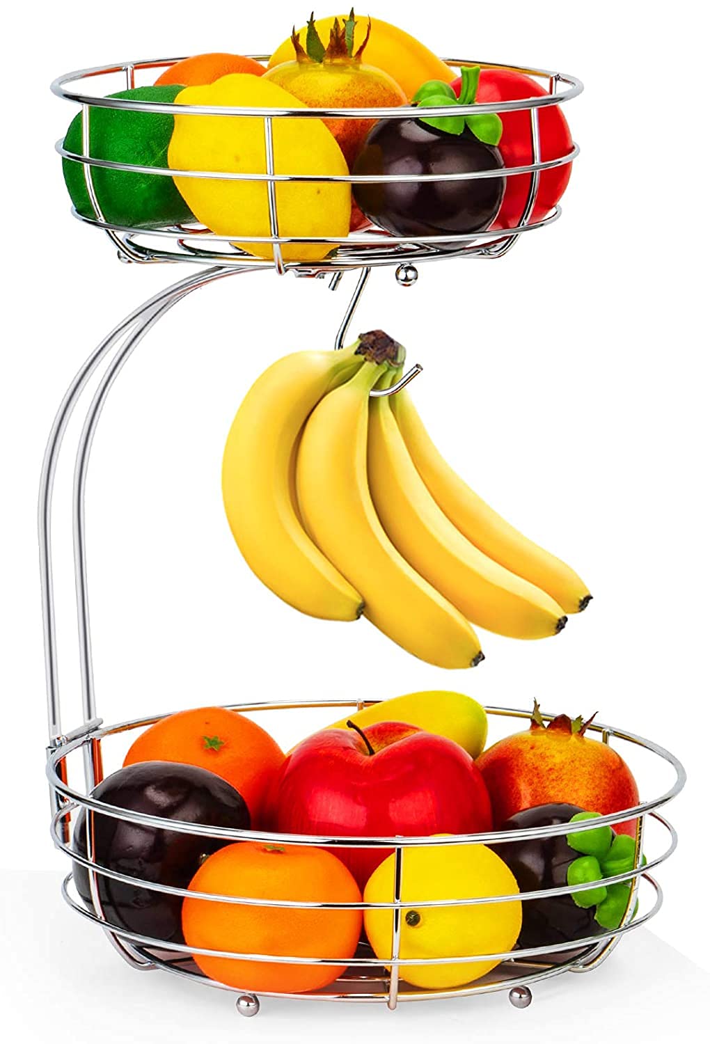 Fuleadture 2-Tier Fruit Basket, with Banana Hanger Stand, Kitchen Countertop Fruit Vegetables Rack Bowl Metal Storage Holder for Storing & Organizing Fruit Vegetables Eggs Breads (Silver)