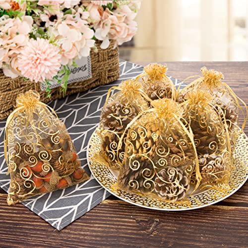 Image of Staruby Organza Gift Bags 100Pcs Gold Sheer Organza Bag 5x7 Inch Mesh Favor Bags Drawstring Jewelry Rattan Printed Gift Pouches for Wedding Party Favors Couple Shower Gifts Candy Bags