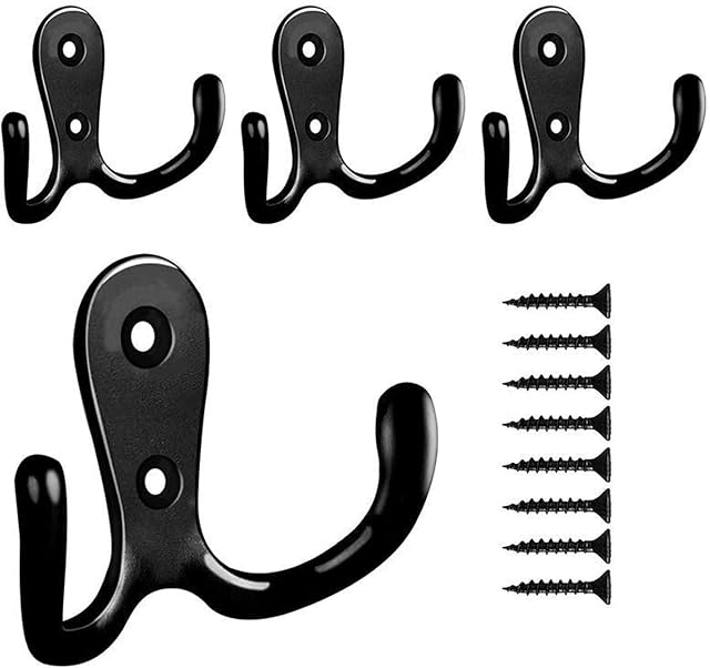 4 Pcs Double Prong Robe Hooks, Dual Coat Hooks Wall Mounted Hanging Clothes for Bathroom Bedroom Door Wall Retro Metal Cloth Hanger Double Coat Hooks with 8 Screws (Black)
