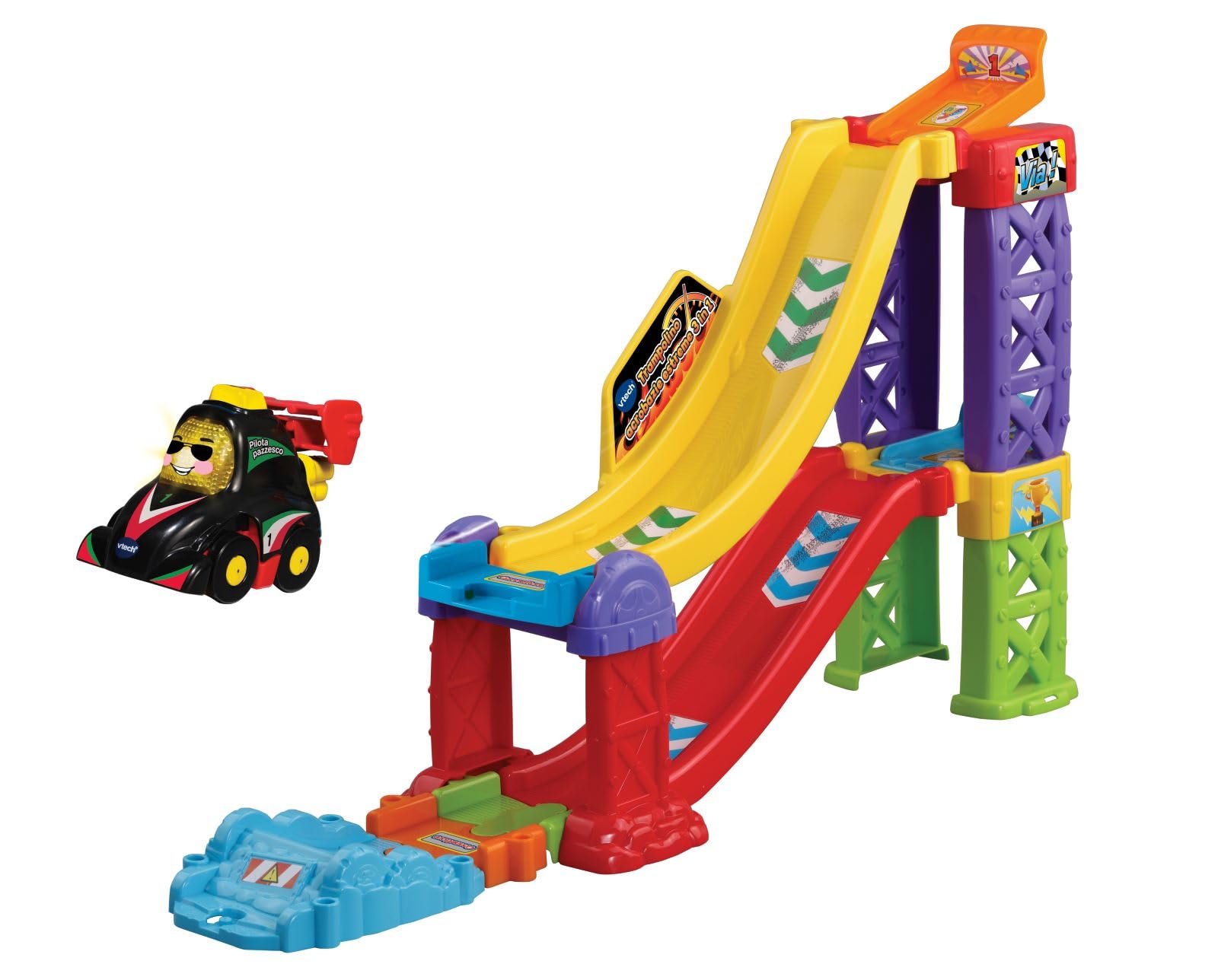 VTech Vroom Vroom Go - Trampolino Acrobazie Estreme 3 in 1, Pista Macchinine con Trampolino, 3 Modalità di Gioco, Incluso 1 Veicolo, 2 Zone Magiche, Lingua Italiana, Batterie Incluse, 1-5 Anni