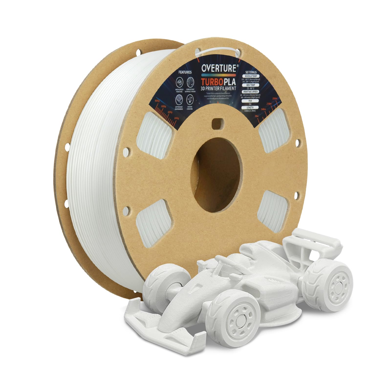 OVERTURE Filamento Turbo PLA Filamento PLA Rapido da 1.75 mm Alta Velocità 600 mm/s, Filamento per Stampante 3D Hyper PLA, Precisione Dimensionale +/- 0,02 mm, 1 kg/Spule (Plaster Bianco)