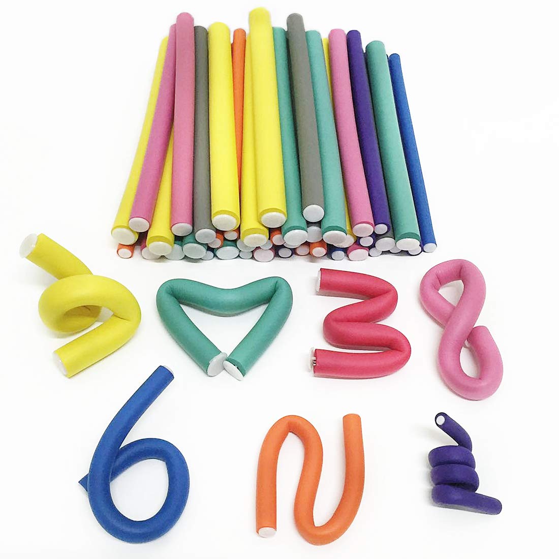 Pinkiou Lockenwickler-Set mit Twist-Flex-Stangen, 7 Größen, flexibel, mit Schwamm und flexiblem Lockenwickler, verschiedene Farben, 42 Stück