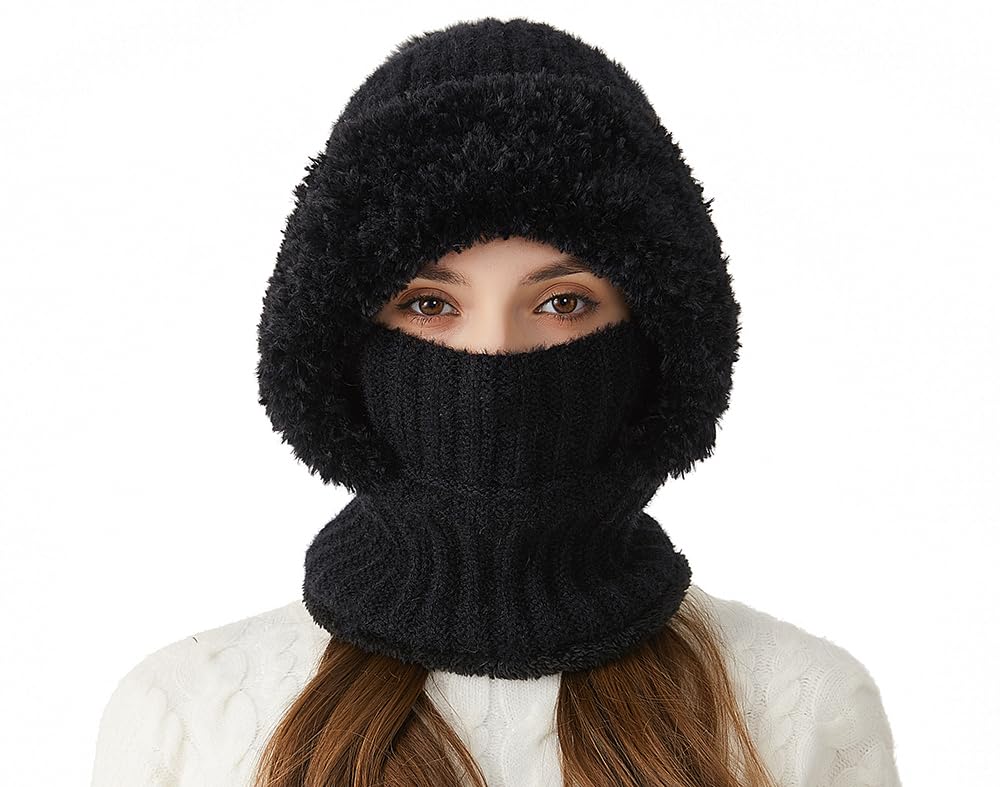 Gorro con pompón for mujer, bufanda, forro polar cálido de invierno, capucha y resistente al viento