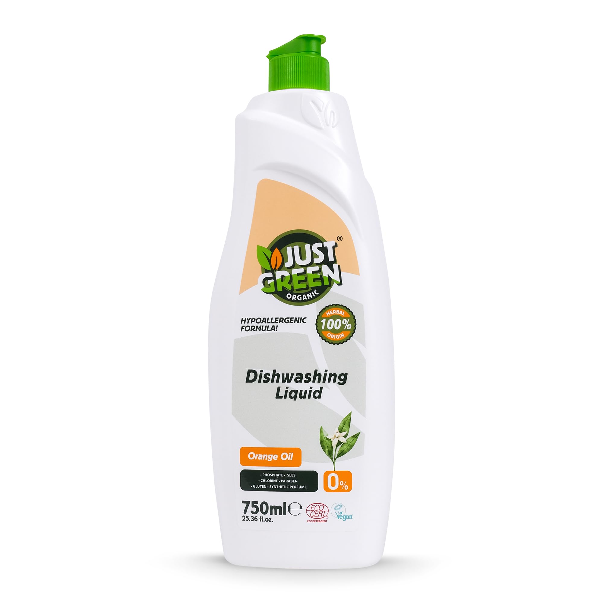 Just Green Organic Herbal Dishwashing Liquid - Hypoallergenic, Skin-Safe Dishwasher Cleaner with Plant-Based Ingredients for Baby Dishes & Oily Cookware, 750ml