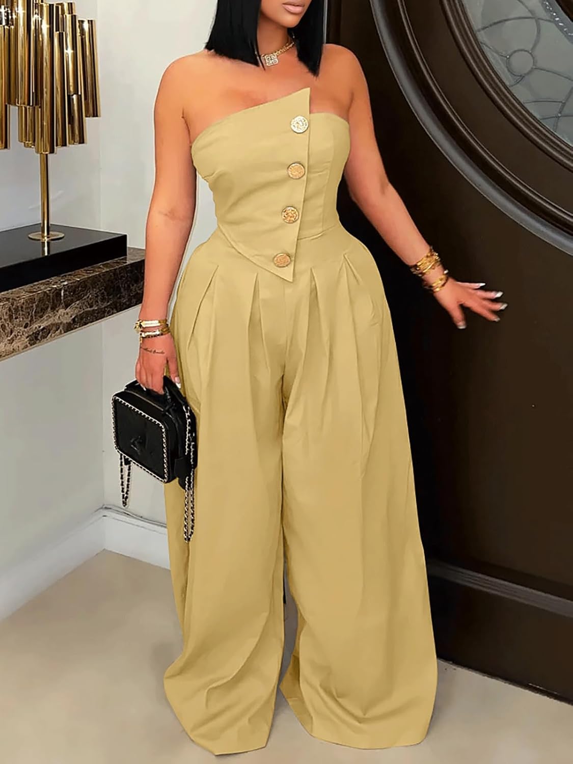 KANSOON Jumpsuits for Women Strapless Tube Top Wide Leg Long Pants Buttons Sexy One Piece Dressy Outfits - Image 2