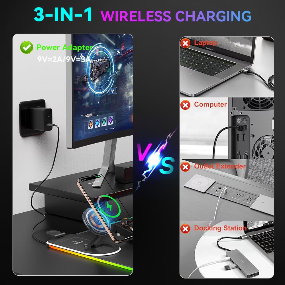 HomeBeyond Tappetino per mouse da gioco RGB, tappetino per mouse con ricarica wireless per cellulari, auricolari e Apple Watch, 15 modalità di illuminazione dinamica, grande tastiera da 31,5 x 11,8 cm
