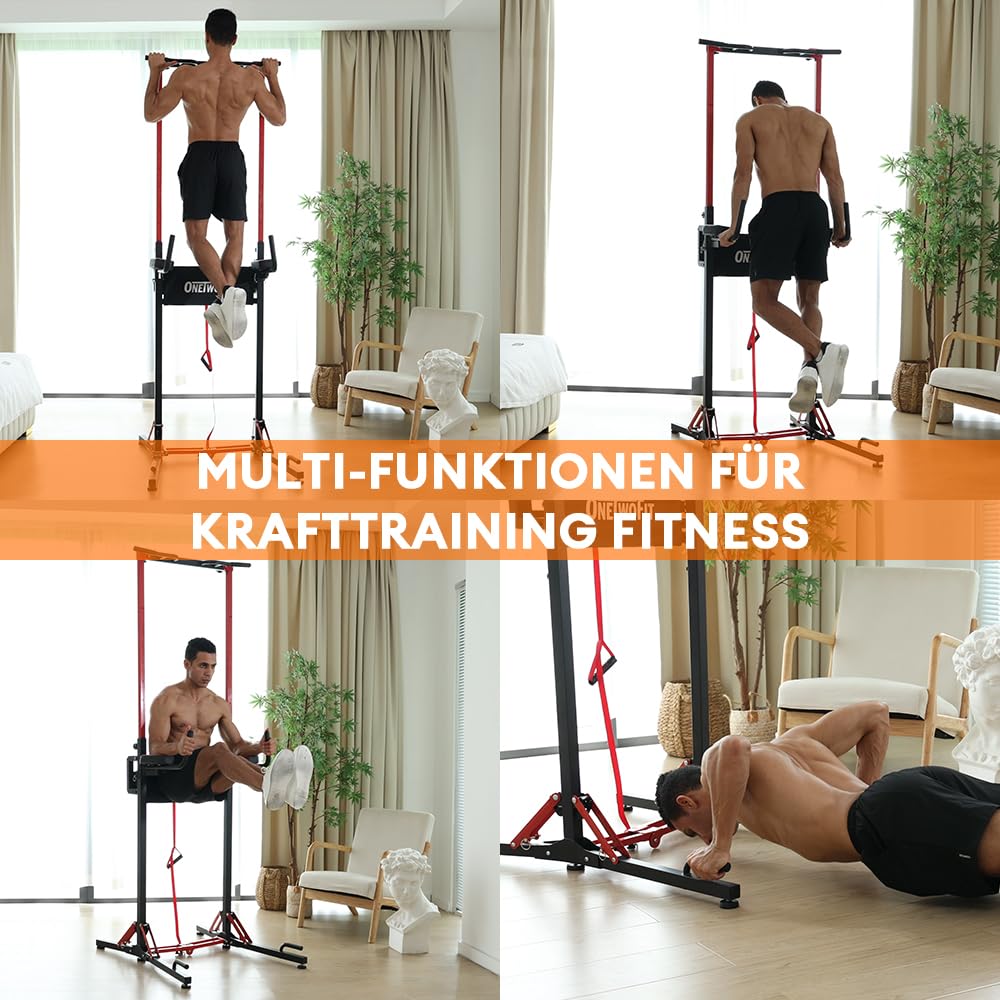 ONETWOFIT Faltbar Power Tower Dip Station & Kraftturm, höhenverstellbar multifunktionale Kraftstation Klimmzugstange Freistehend Krafttraining Hilfsmittel