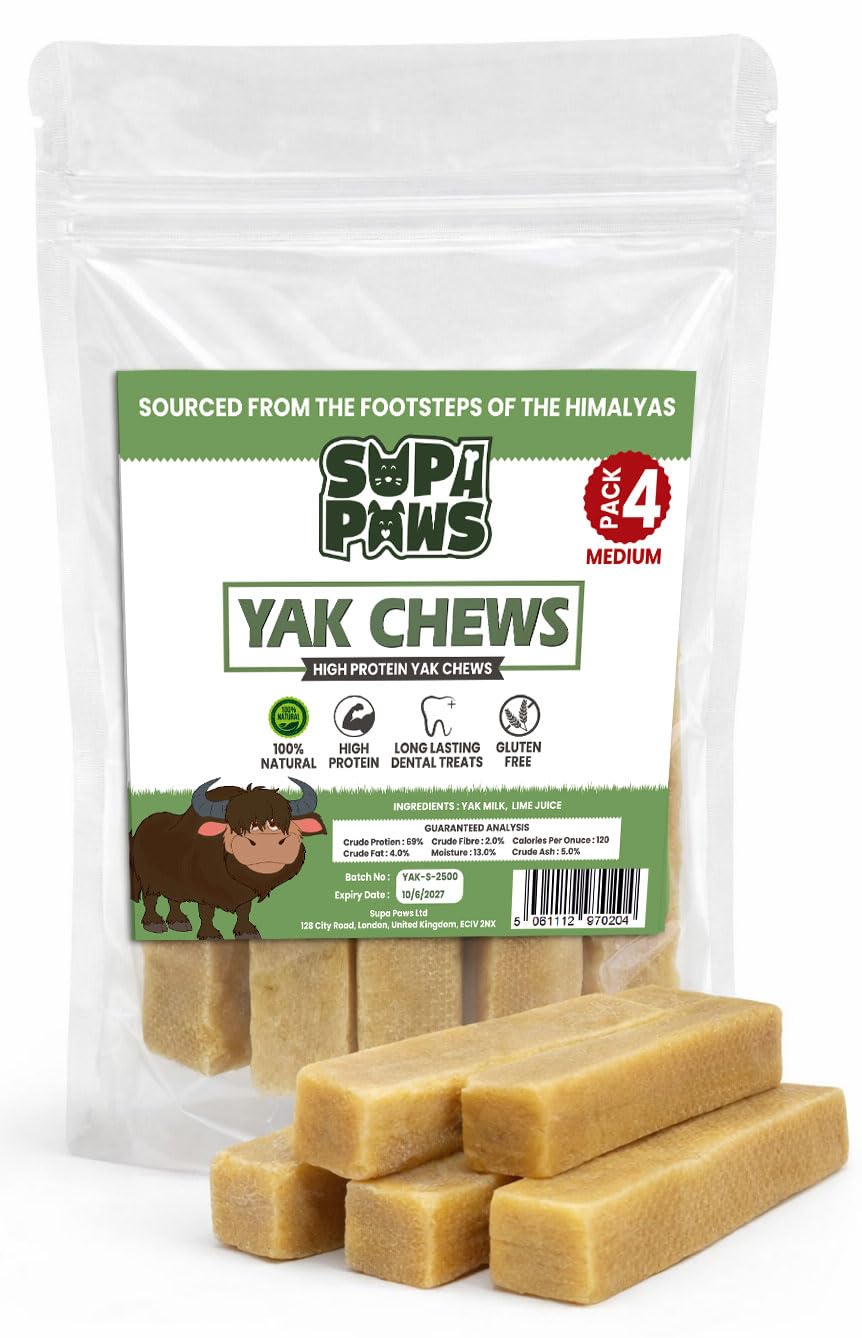 Supa Paws 4 Medium Yak Chews for Dogs, Full of Protein long Lasting Dog Treats 100% Natural Cow & Himalayan Yak Milk Dog Chews, Yak Bones Dental Chew for Aggressive Chewers Toothsome Yak Bars for Dogs
