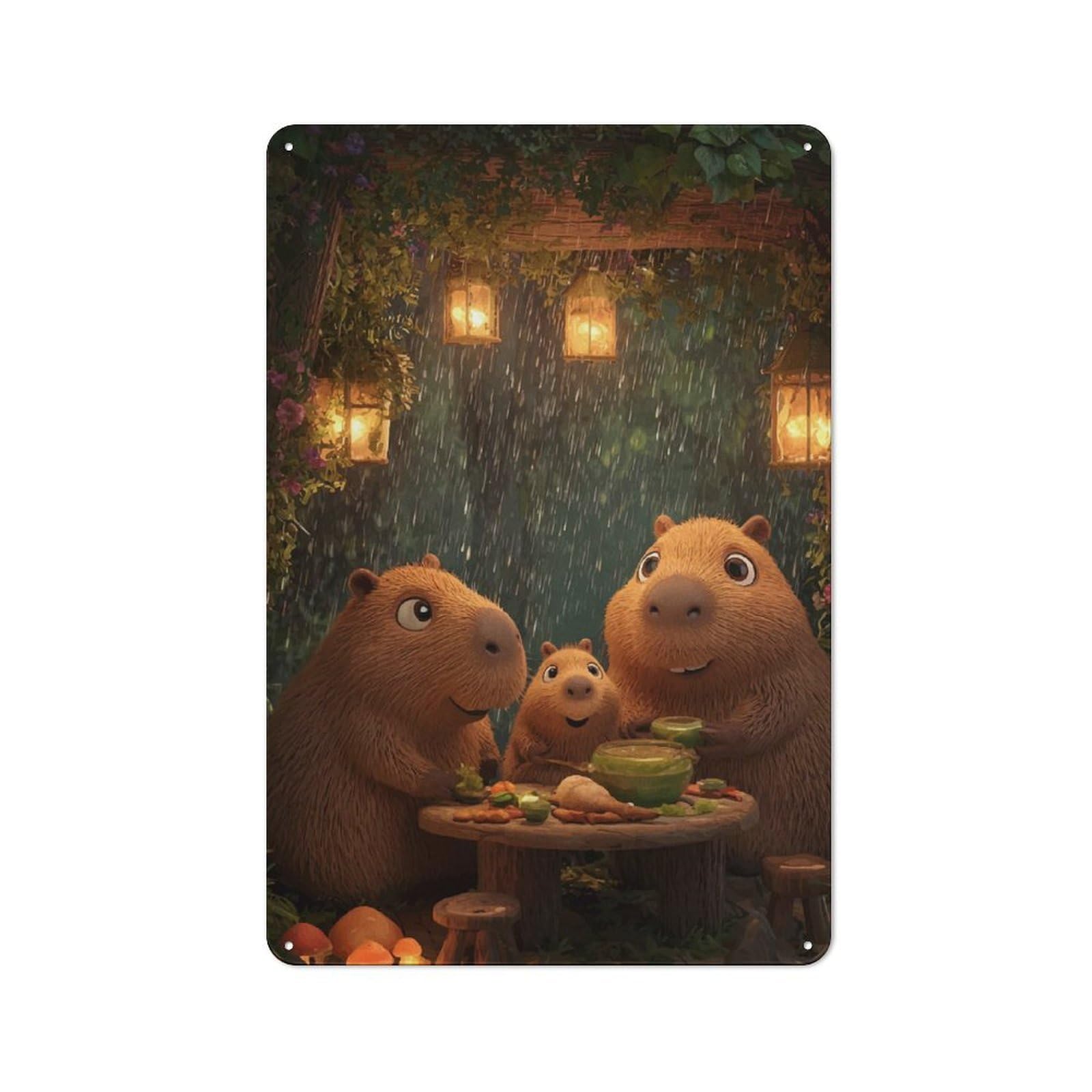Old Style Capybara Family Dinner in The Rain Vintage Metal Sign 30x20cm, Bar Wall Plaque for Pub, Home Bar, Shed Or Man Cave