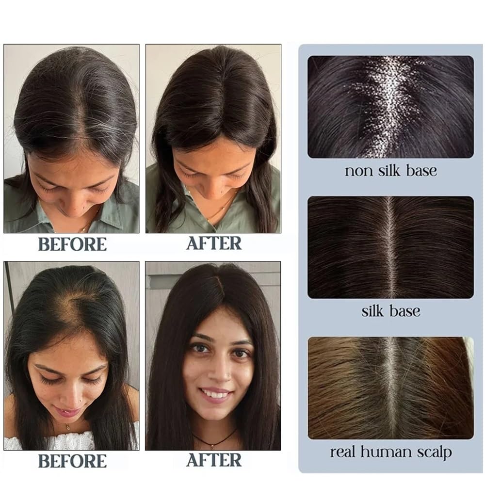 Topper for Frauen, Echthaar, 10 x 12 cm, Seidenbasis, 150 Dichte, Clip-In-Topper-Haarteile, Wiglet-Top-Stücke for mehr Volumen Haar Extensions(Black No Bangs,10inch)