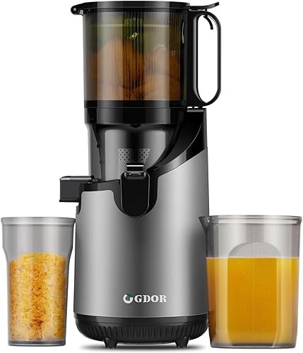 GDOR Exprimidor de alimentación grande de 5.3 pulgadas, exprimidor de prensa fría de alimentación automática con motor de 250 W, máquinas