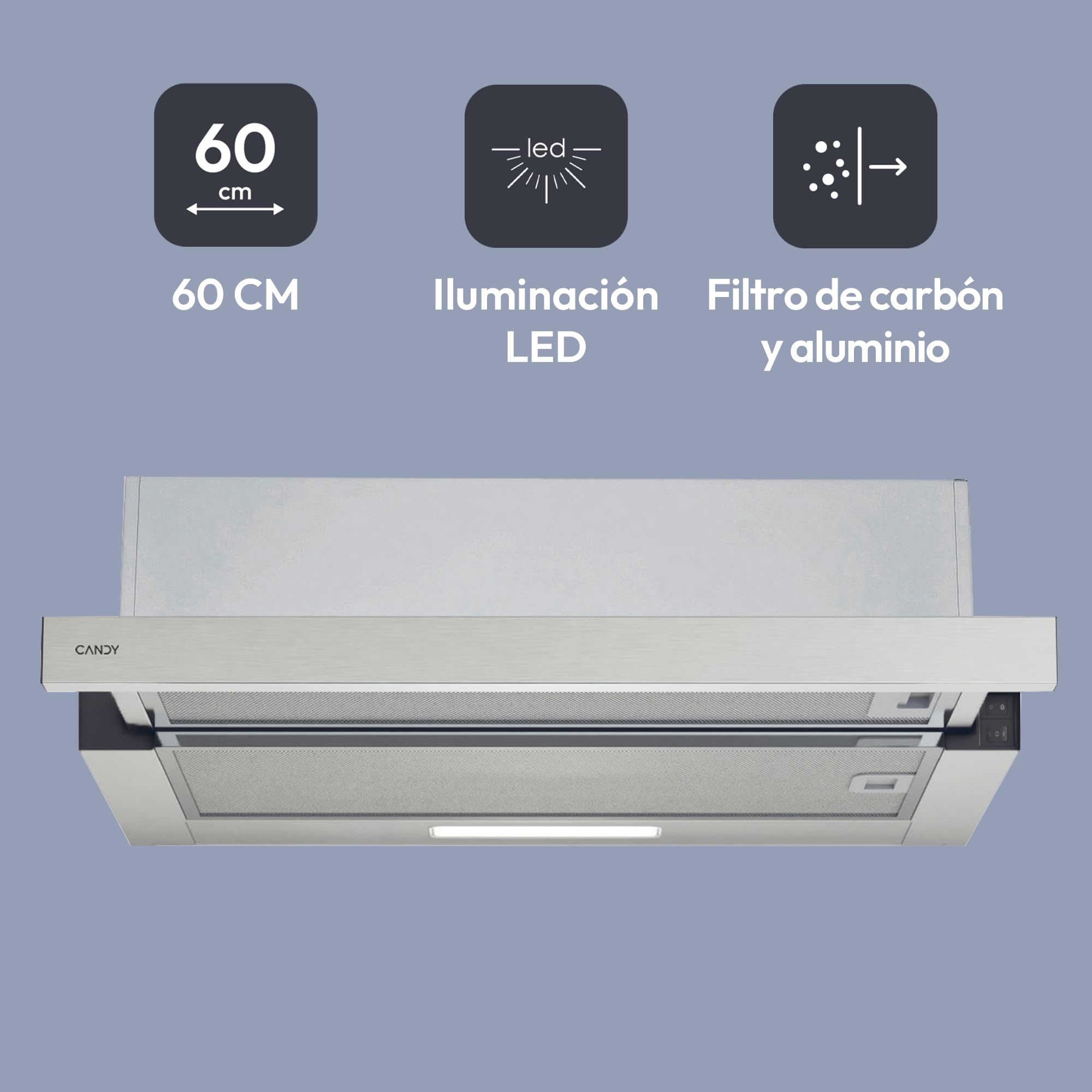 CANDY Candy CBT6130/3X, Campana Telescópica 60 CM, 2 Niveles de Potencia, 125W, 264M3/H, Filtros de Carbono, Panel Aluminio Antigrasa, Iluminación LED, 53/60DB, Acero Inoxidable in use