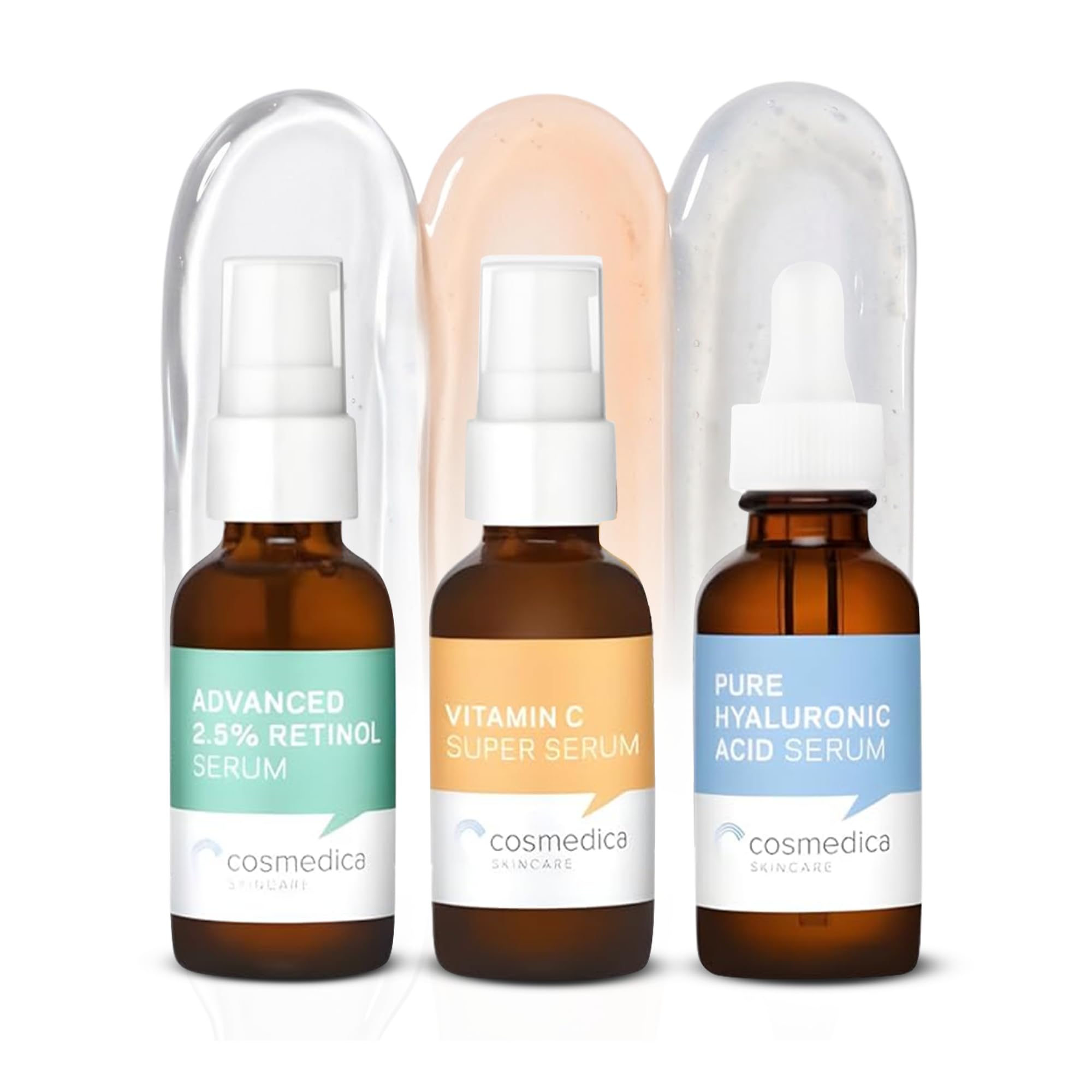 Cosmedica Skincare Facial Serum Trio Set – Vitamin C, Retinol & Hyaluronic Acid Serums for Face – Hydrating & Smoothing Skincare – Vegan, Cruelty Free (3 x 1 oz)