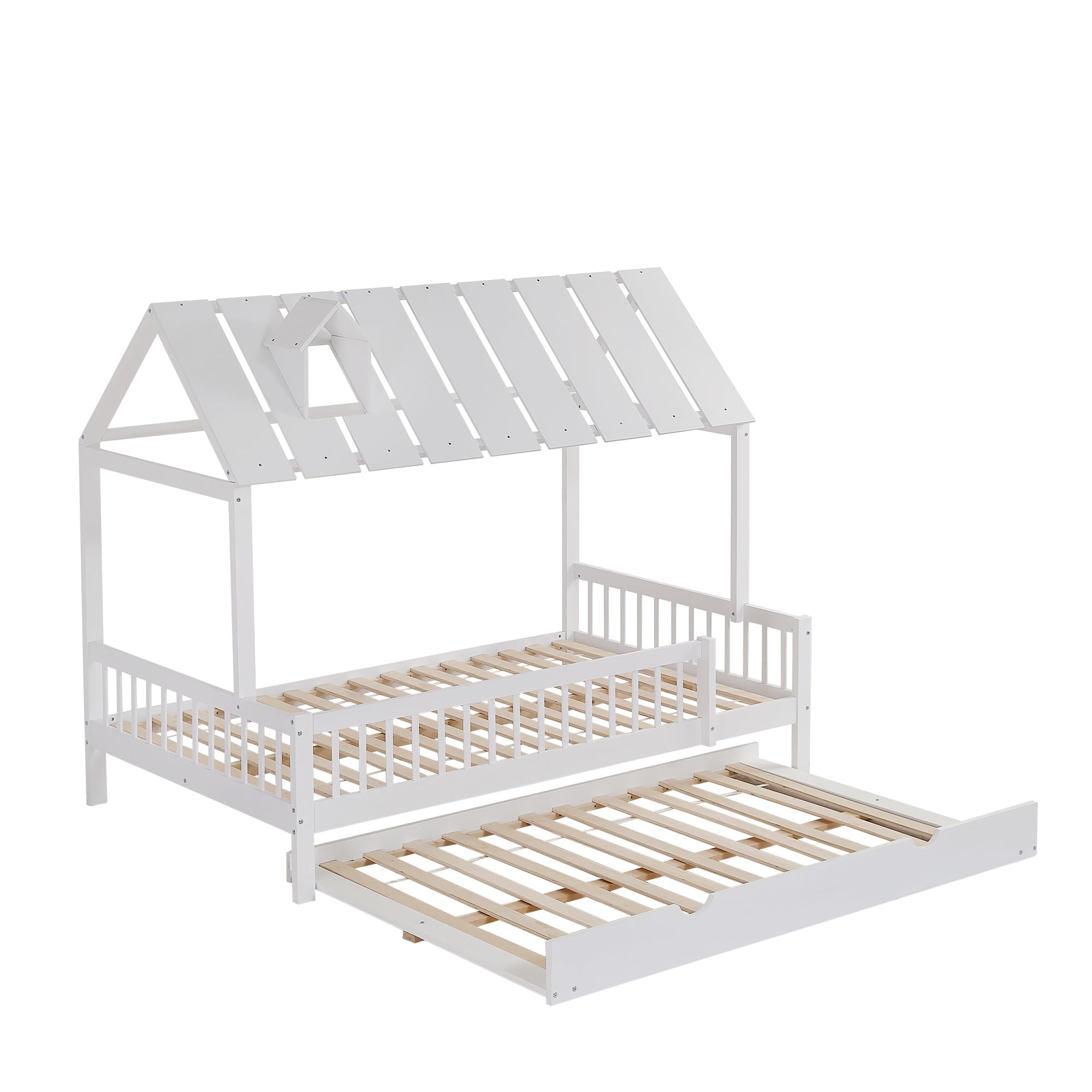 LAKFEW Cama Casita Cama Infantil 120x200 cm con Cama Nido, Camas Montessori Infantil con Techo y Barandilla de Seguridad, Camas Infantiles para 2 Niños, Blanco, Sin Colchón