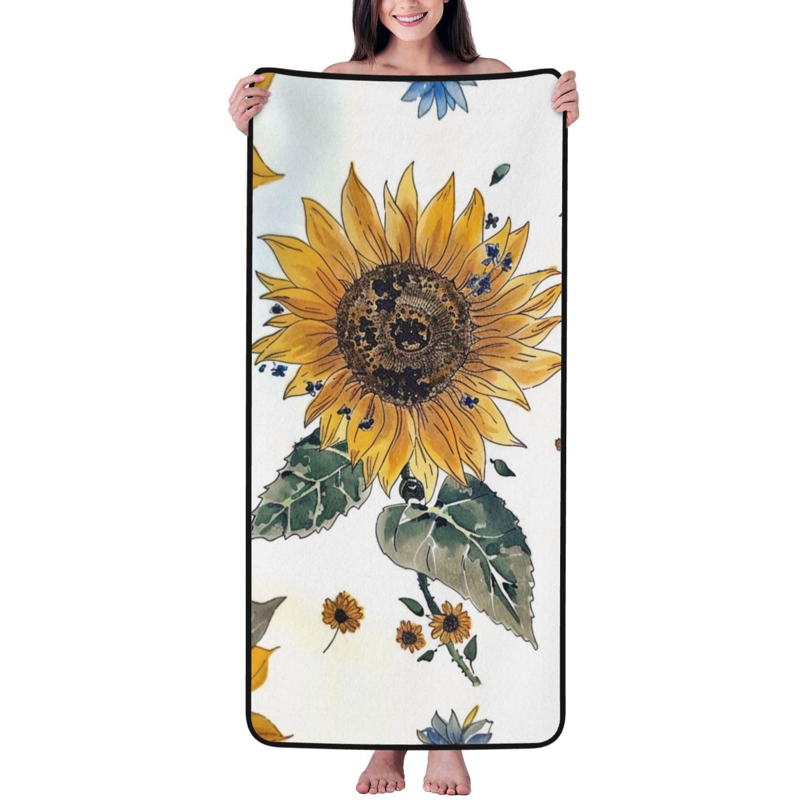 WPKJU Sunflower Printed Bath Towel with Black Edging - 27x55 in Soft Extra Absorbent Coral Velvet Shower Towels for Bathroom
