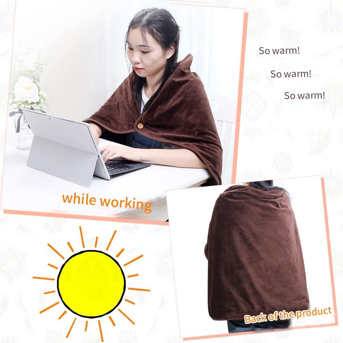 review Heated Blanket Shawl Wrap USB Heated Shawl Electric Throw Blanket 39 x 27 Inch Wearable Soft Flannel Washable Winter Warm for Home Office Car (Brown)