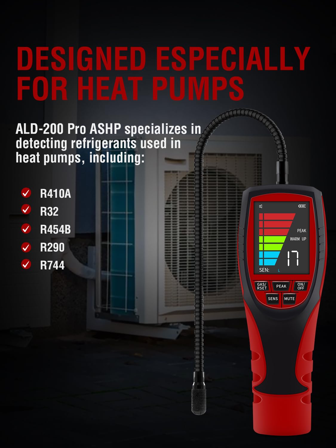 Aprvtio ALD-200 PRO Beheizte Pumpe Kältemittel Lecksuchgerät für Wärmepumpen, HVAC Lecksuchgerät Mit UV-LED, Freon-Sniffer, Kfz-Halogen-Gaslecksuchgerät für R32,R454B,R410A R22,R600a R290