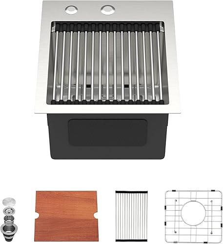 Dcolora Fregadero de barra desplegable de 13 x 15 x 9 pulgadas, estación de trabajo con accesorios, acero inoxidable 304 cepillado, resistente 16