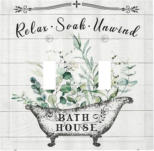 Reglas de baño vintage, cubierta de interruptor de luz de 2 cuadrillas, hojas verdes decorativas, cita inspiradora, placa de pared de doble palanca,