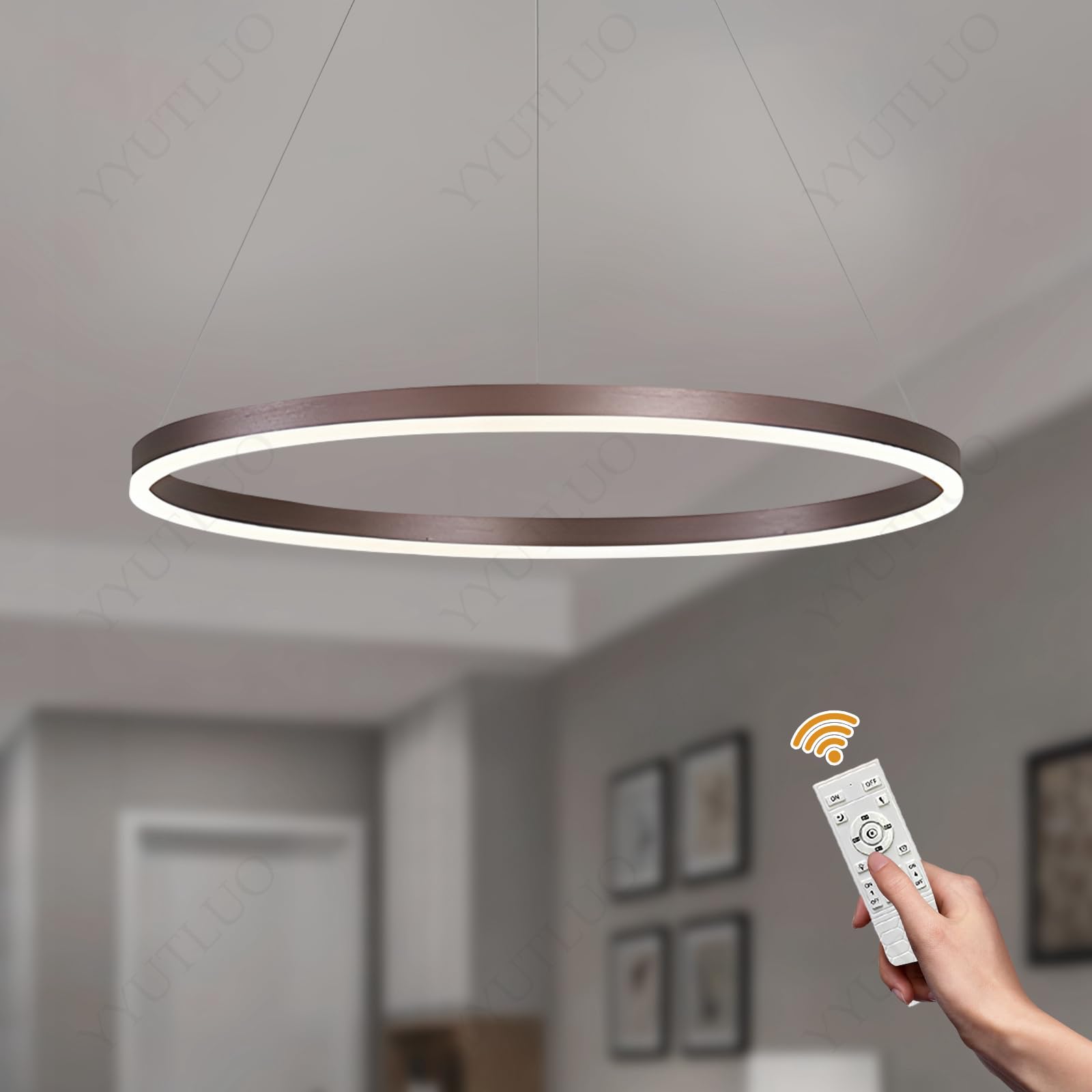 YYUTLUO Modern DIY Circle LED Chandelier | 1 Brown Rings:60cm=29W | Metal + Acrylic LED Pendant Lighting, 2.4G Dimmable Remote Control | Round Ceiling Hanging Lamp, Living Room Bedroom — image 1