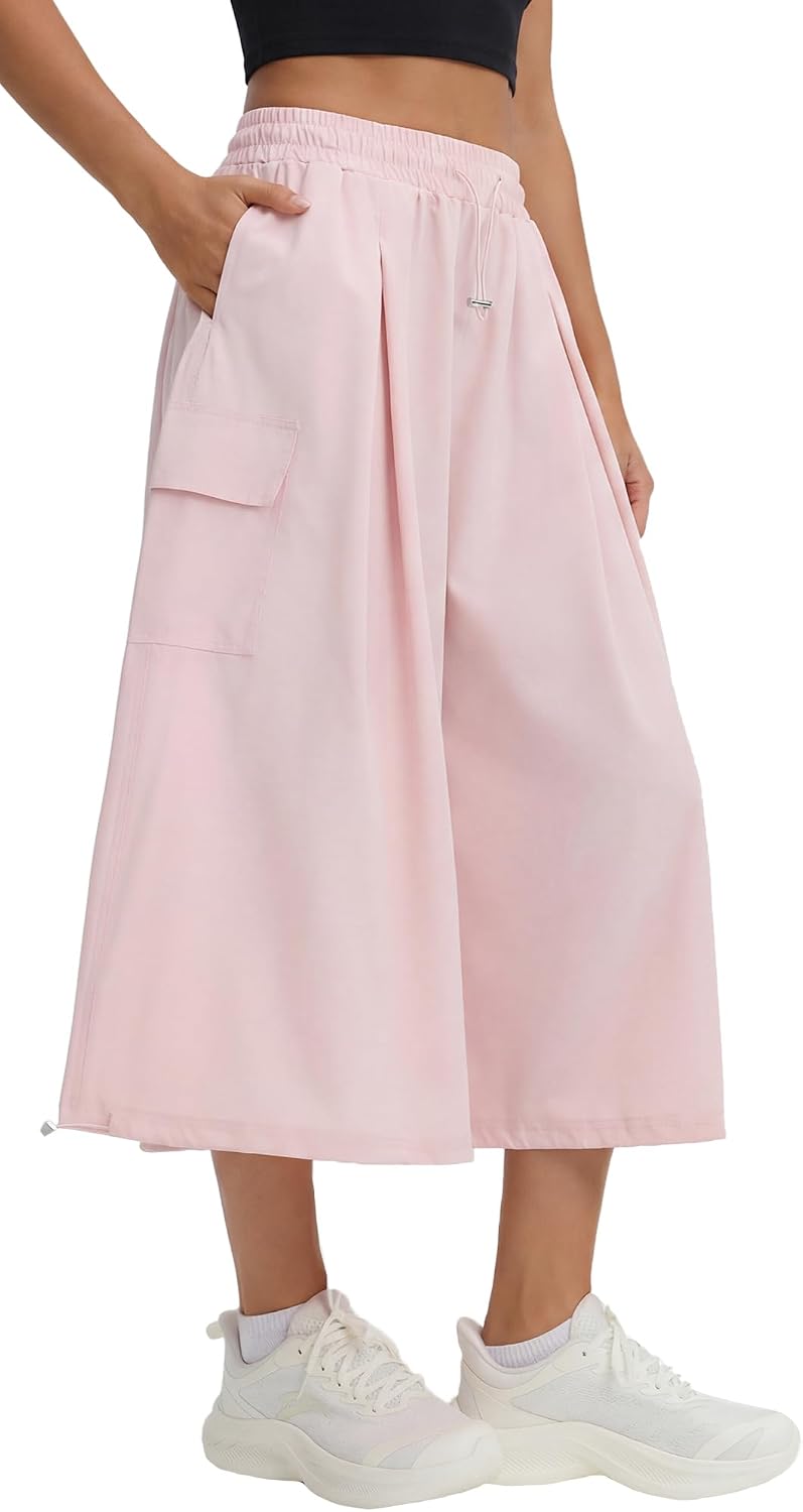 FEOYA Wide Leg Capri Pants for Women Cooling Flowy Culottes Quick Drying Elastic Waist Cropped Pants with Pockets Hiking