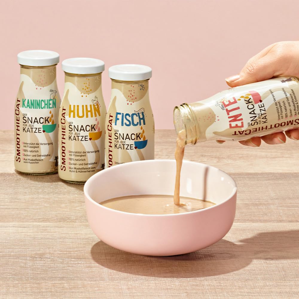 Katzen Smoothie SmoothieCat 8er Mix - je 2X: Huhn, Ente, Fisch, Kaninchen - Flüssignahrung für Katzen - Katzensuppe - Katzenmilch - Zucker- & glutenfrei - je 150ml