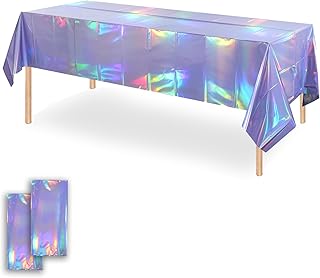 OQOQ Iridescent Light Purple Table Cloths (2 Packs) - 54x108 Inch Rectangular Plastic Table Cover Disposable Tablecloth Birthday Decorations Waterproof Foil Tablecloth Bachelorette Princess Party