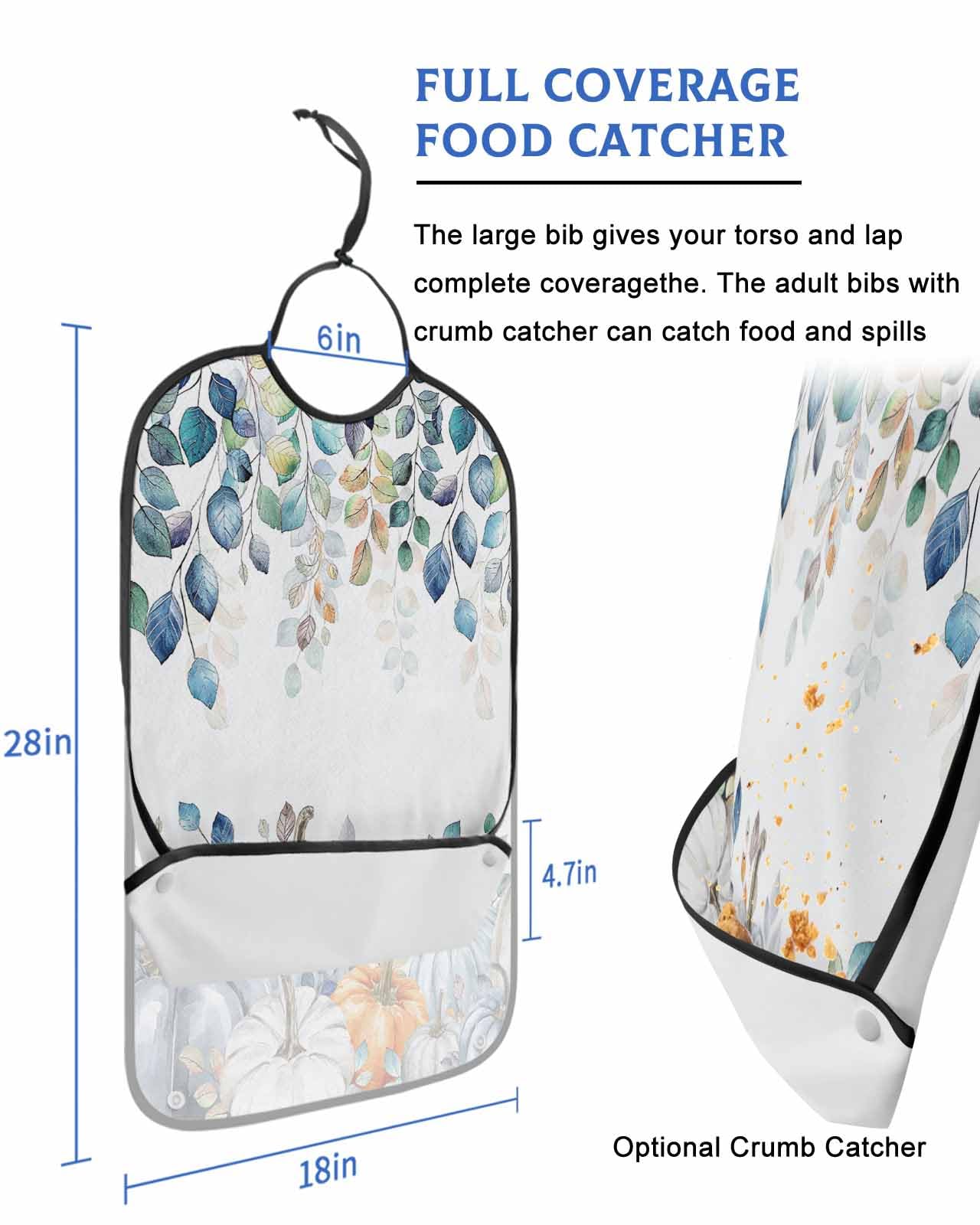LEOKOTI Blue Fall Adult Bibs for Eating, Waterproof Bibs with Food Catcher & Adjustable Snap Closure, Thanksgiving Pumpkins Weeping Maple Leaf Washable Clothing Protectors Adult Bibs for Elderly