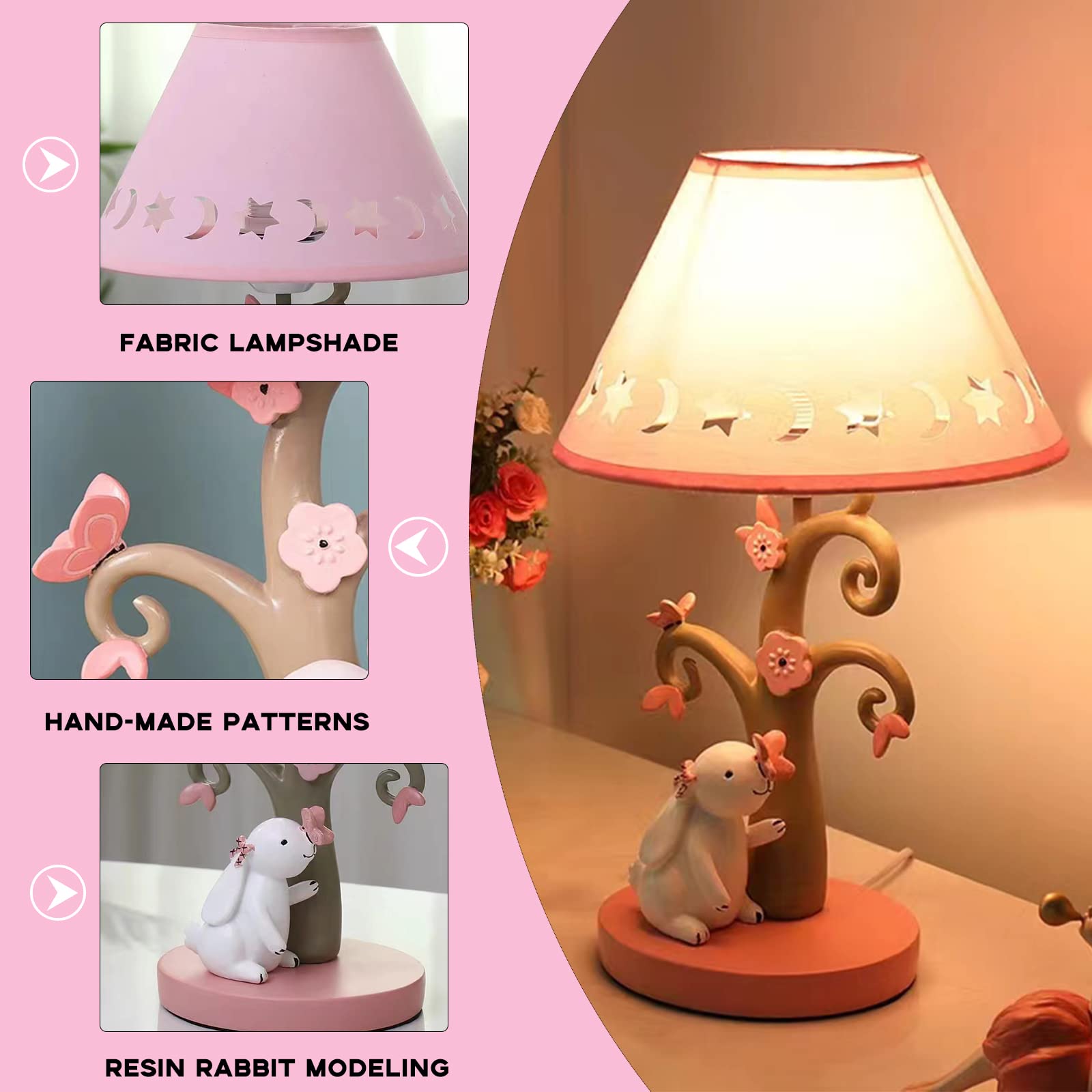Nowoczesna kreatywna lampa stołowa z kreskówek, lampka nocna Mini Pink Rabbit z abażurem z tkaniny korpus z żywicy, dekoracyjna szafka nocna dla dzieci do sypialni pokoju dziecięcego