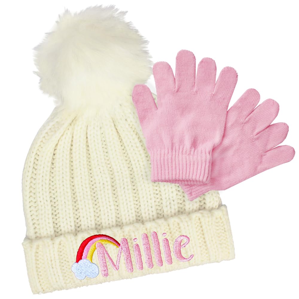 TeddyT's Personalised Girls Rainbow Pom Pom Bobble Hat & Gloves Set (UK, Age, 2 Years, 4 Years, Cream)
