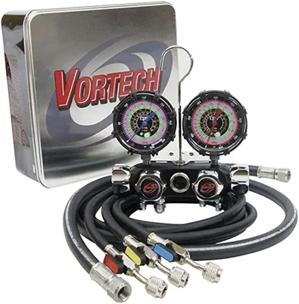 CPS Vortech MV4H4P5EZ4 Valve Manifold, R-134A, 22, 404A, 410A 3 1/8" 1.0% Gauges, 5' Premium Black BV Hose Set & 3/8" Vac Hose