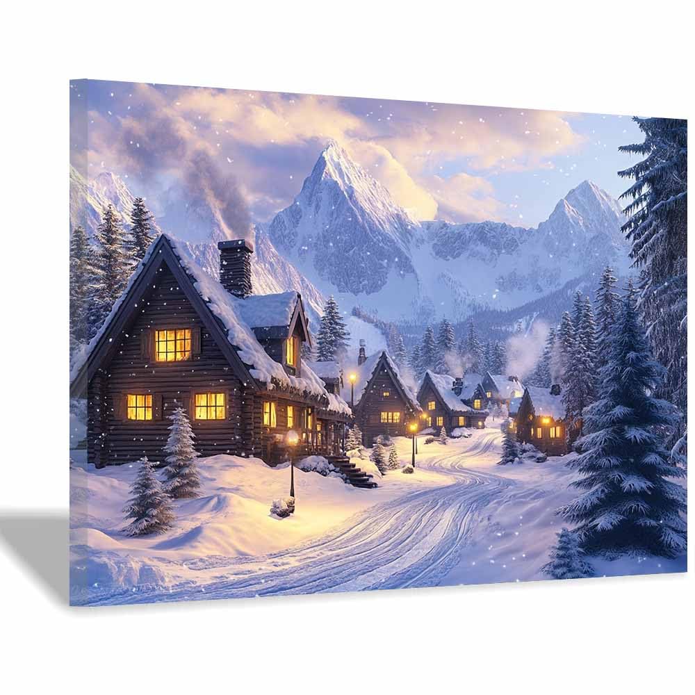 QUSAAOU Wandbilder Wohnzimmer Verschneites Bergdorf mit Hütten Leinwandbild Im Modernen Stil Mit Naturmotiven,Geeignet FüR Schlafzimmer Und Wohnzimmerflure(Blau)-80x120cm Ungerahmt