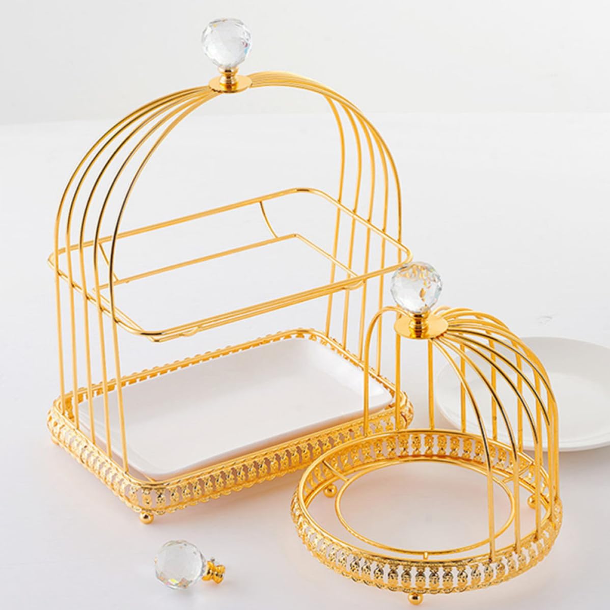 Scaffale per Dolci a Forma di Gabbia in Ferro e Ceramica Oro, Espositore per Dolci e Snack, Vassoio per Dessert per Feste di Compleanno e Party