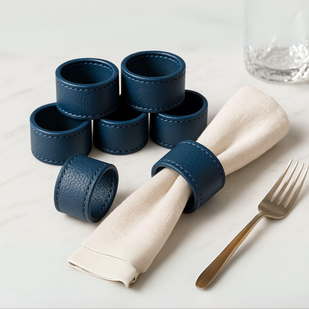 CASA BOTANICAL Hand Crafted Faux Leather Napkin Rings - Set of 6 for Table Decor, Weddings, Dinner Parties, Decorations Orange (Blue)