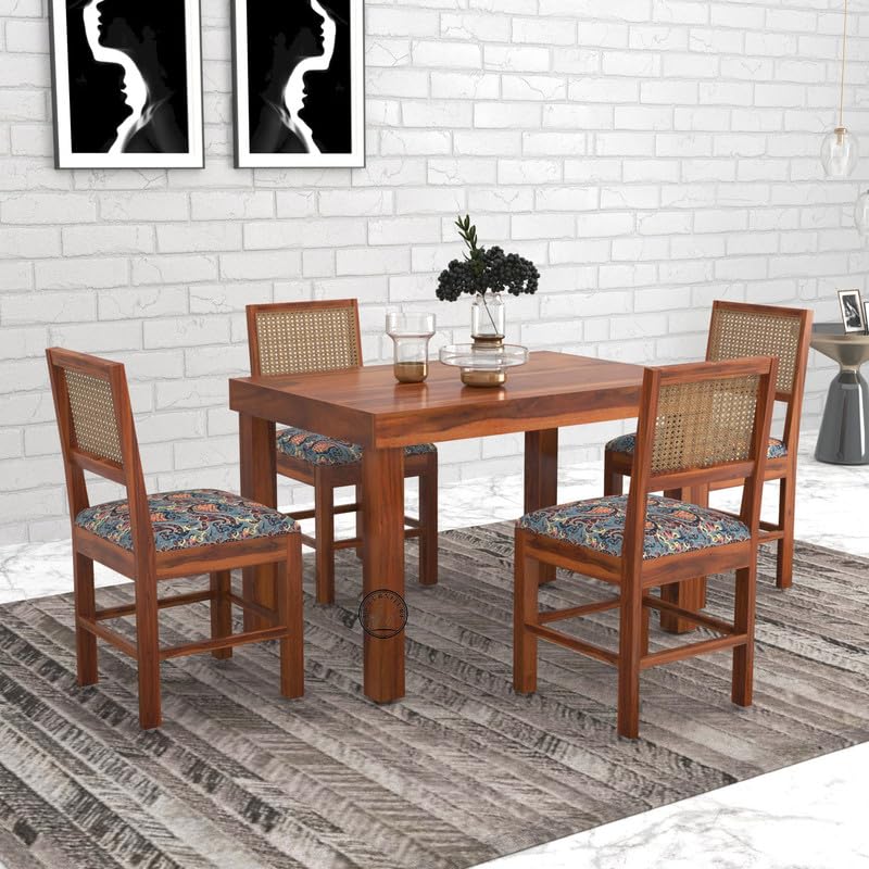Image of VK Furniture Sheesham Solid Wood 4 Seater Dining Table Set of Four with 4 Print Cushion Cane Chairs for Dinner Hall Kitchen Living Room Home Office Restaurant |L45 X W30 X H30|Honey Finish