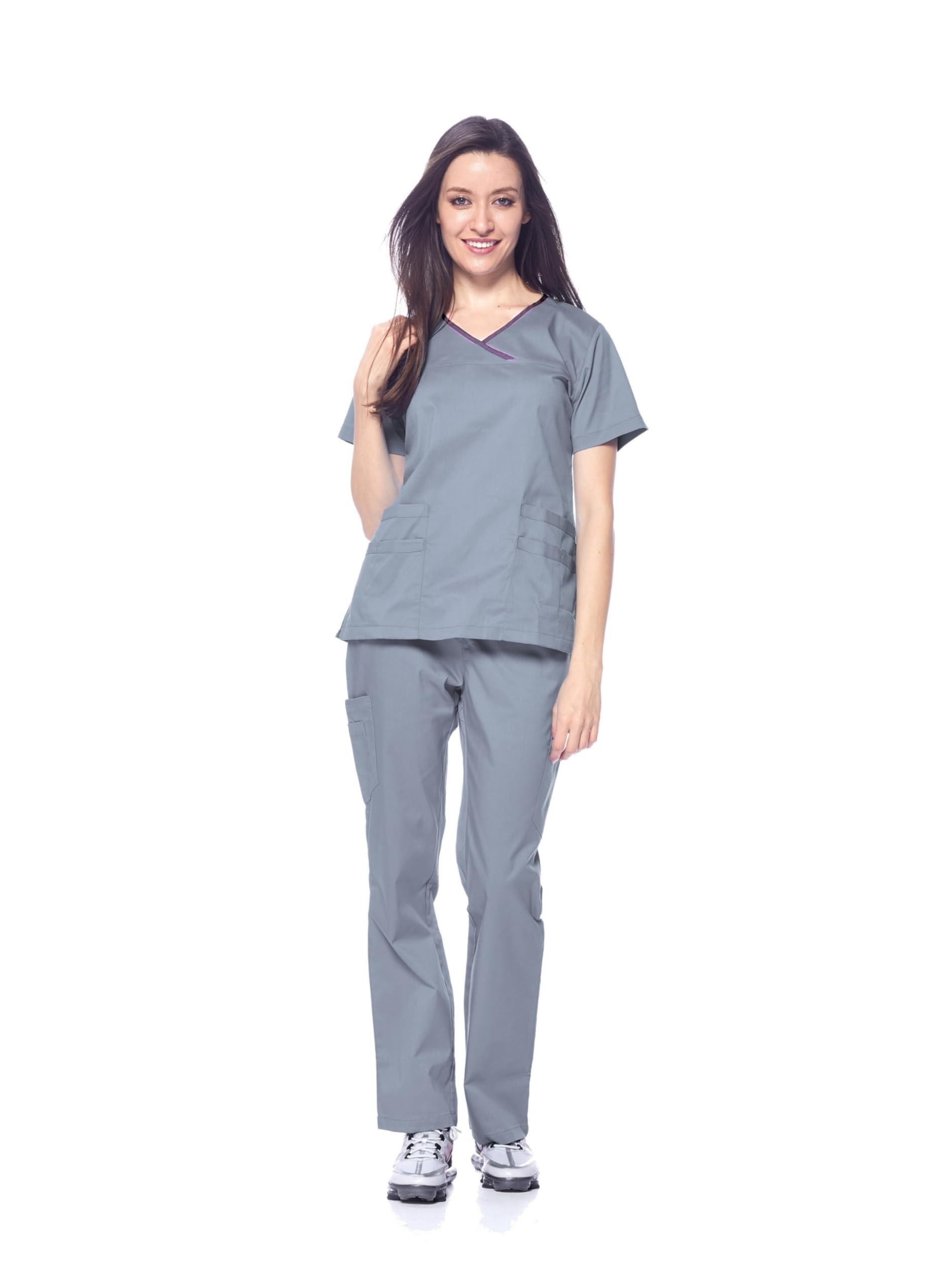 Dagacci Medical Uniform Women's Pewter Gray Scrub Set Stretch Contrast Binding Top And Pants - Grey - Medium