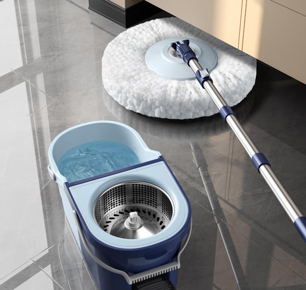 Spin Mop and Bucket with Wringer Set, 360° Spinning Mop Bucket System with 1 Microfiber Mop Replacement Heads and Stainless Steel Adjustable Handle
