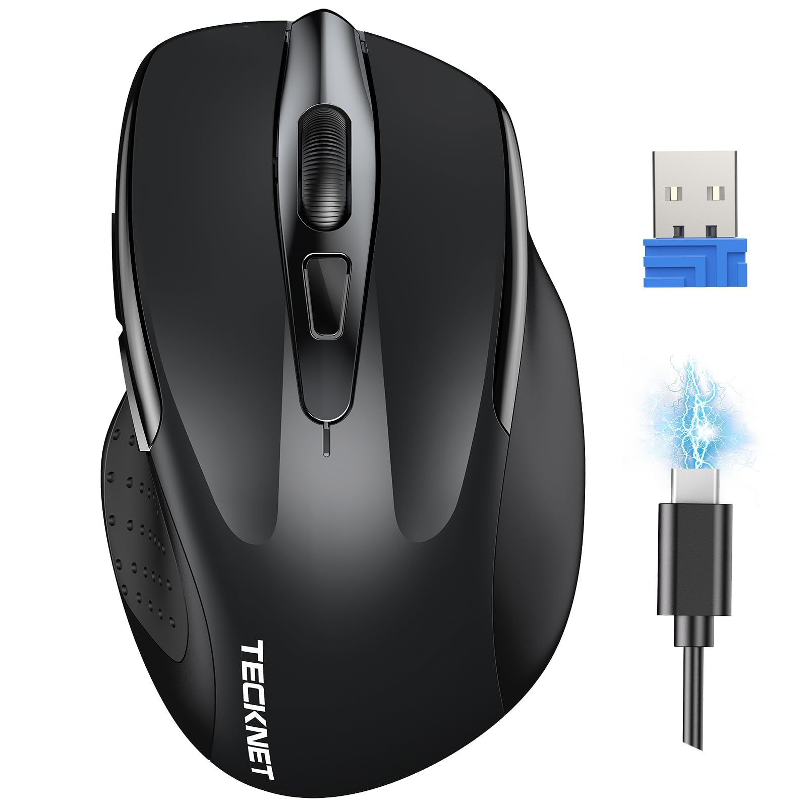 TECKNET Mouse Wireless Ricaricabile, Silenzioso Mouse Senza Fili, Riduzione Rumore Fino a 90%, 4800 DPI, 6 Pulsanti Mouse Ergonomico, 2.4G Mouse USB Compatibile con PC Portatile, Mac, Laptop